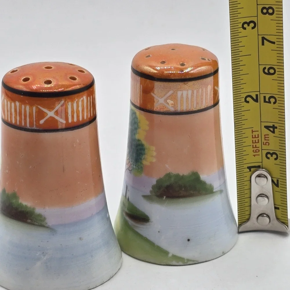 Vintage Noritake Handpainted Salt Pepper Shaker Japan Lusterware Tree Lake Scene